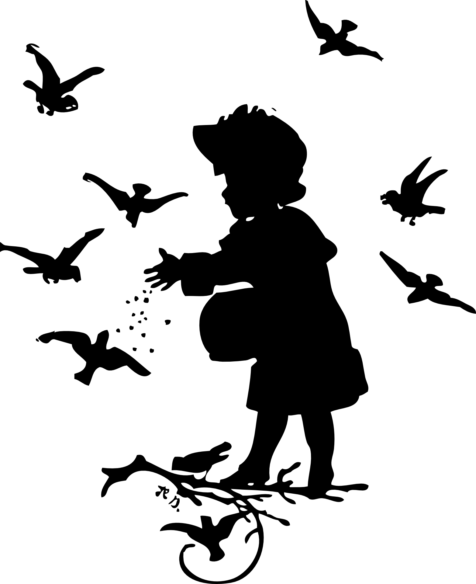 Kid,birds,feeding,silhouette vector