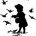 Kid,birds,feeding,silhouette vector