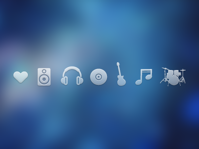 Music icons PSD:Headset,Drums,Guitar,Speaker,Heart