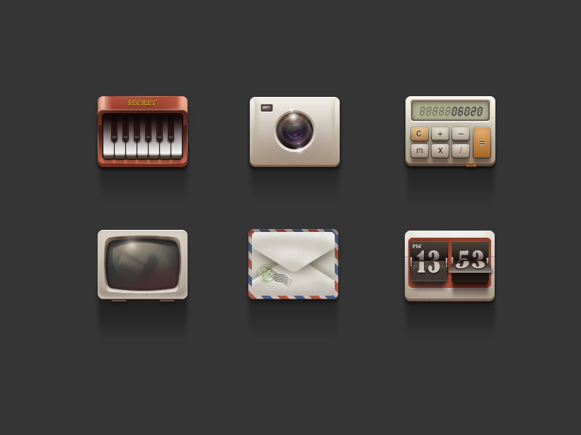 Icons PSD - TV,computer,camera,piano,envelope